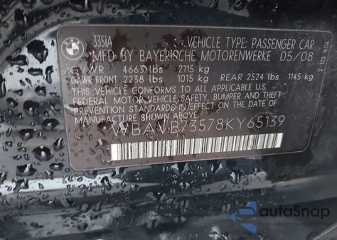 2008 BMW 335I из США, поврежденный, VIN WBAVB73578KY65139